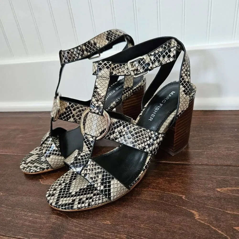 Marc Fisher Walina Heeled Sandals Women's Size 6M in Black/White Snake Print